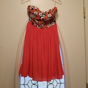 Coral/floral strapless polyester dress